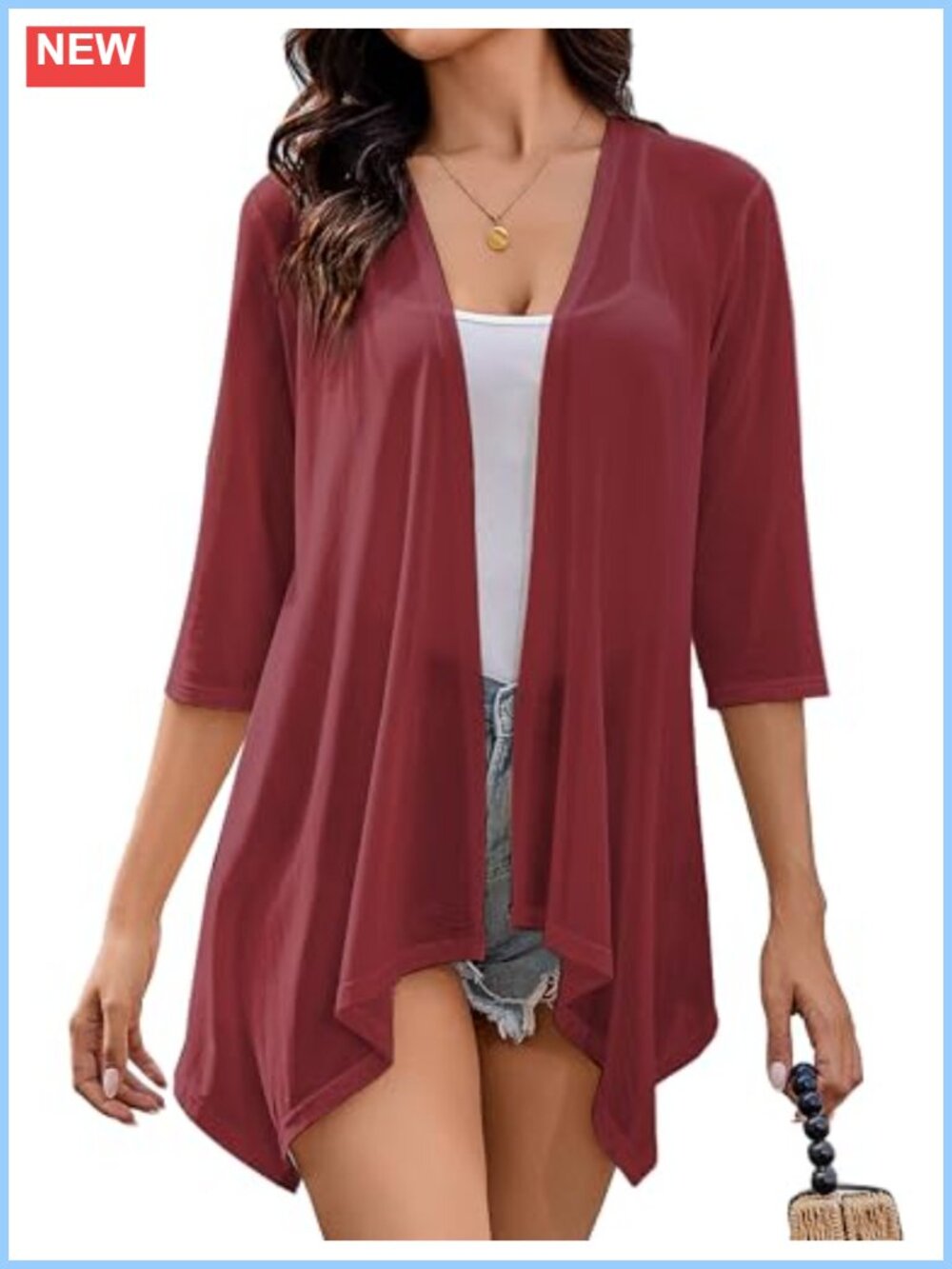 Sheer Mesh 3/4 Sleeve Open Front Kimono Cardigan Beach Swim Coverup